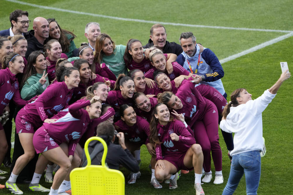 Spains players pose for a photo during a team training session ahead of the Women's World Cup final against England on Sunday. (Rick Rycroft/AP)