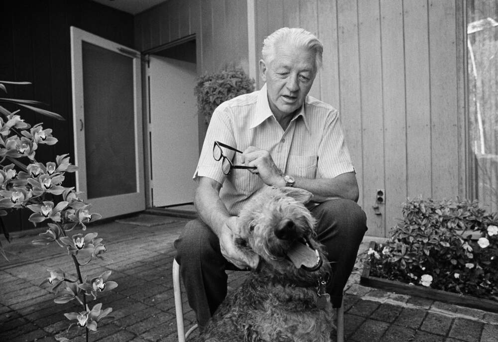 Author Wallace Stegner is shown with his dog, Suzie, at his home in Los Altos Hills, Calif., May 2, 1972.  Stegner just won the 1972 Pulitzer for fiction. (Robert W. Klein/AP)