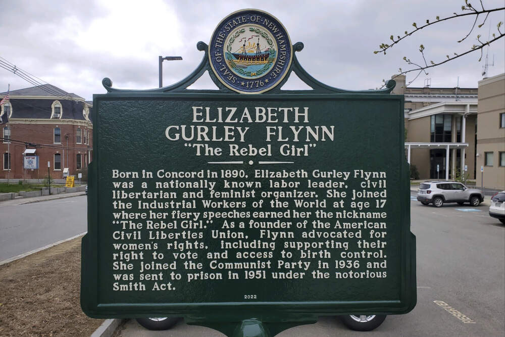 A historical marker dedicated to Elizabeth Gurley Flynn stands in Concord, New Hampshire, May 5, 2023. Supporters of the now-removed historical marker dedicated to a feminist and labor activist from New Hampshire who also led the Communist Party sued the state on Monday, saying officials violated state law and should put it back up.(Kathy McCormack via AP)