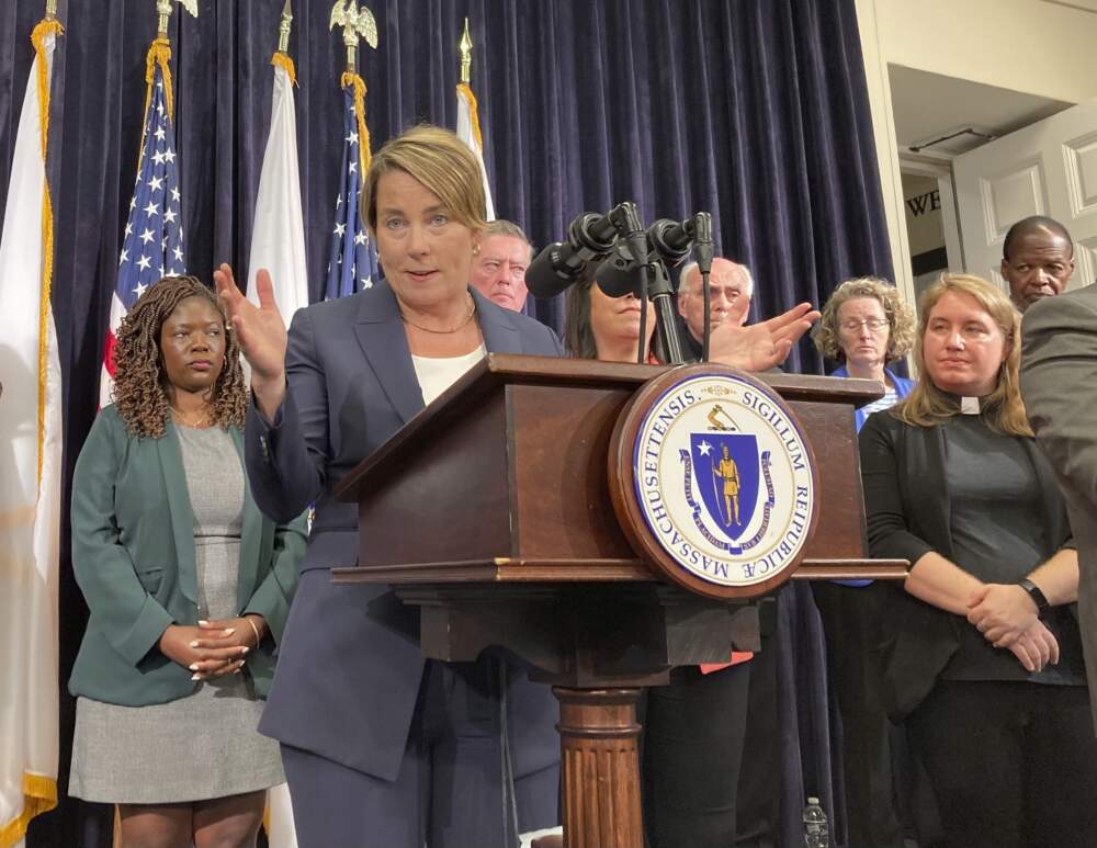 Gov. Maura Healey declared a state of emergency last week, citing the influx of migrants to the state in need of shelter. Healey said there are nearly 5,600 families — or more than 20,000 individuals — currently living in state shelters across Massachusetts. That's up from around 3,100 families a year ago, about an 80% increase. (Steve LeBlanc/AP)