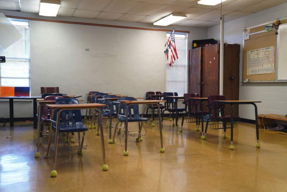 An empty classroom at the Utopia Independent School on May 26, 2022 in Utopia, Texas. The May 24 shooting at a school in Uvalde, Texas, reopened the debate on how to prevent school shootings in the United States. About 30 miles from Uvalde, in the town of Utopia, the town's only school decided in 2018 to arm its teachers to protect students. (Photo by Allison Dinner/AFP via Getty Images)