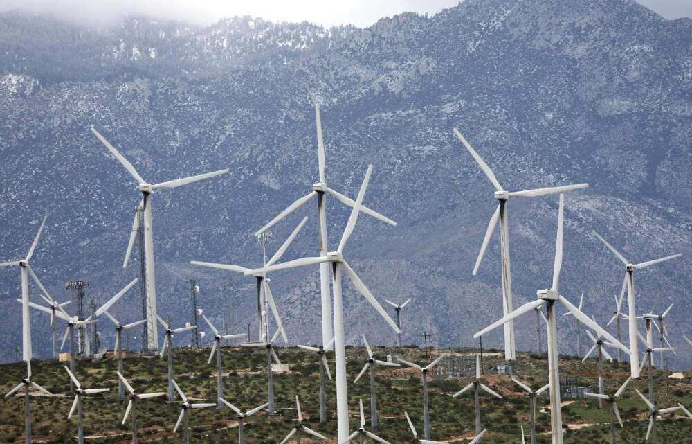 Wind turbines operate at a wind farm, a key power source for the Coachella Valley, on Feb. 22, 2023 near Whitewater, California. Wind turbines in California provide enough energy to power more than 2 million homes. (Mario Tama/Getty Images)