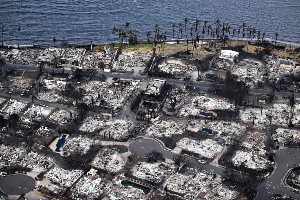 An aerial image taken on Aug. 10, 2023 shows destroyed homes and buildings burned to the ground in Lahaina in the aftermath of wildfires in western Maui, Hawaii. (Patrick T. Fallon/AFP via Getty Images)