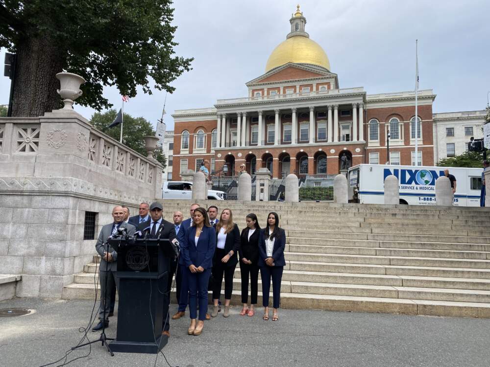 State Police Association of Massachusetts president Patrick McNamara, alongside members of the union and legal team, held a press conference in front of the State House Monday, Aug. 7, 2023. (Walter Wuthmann/WBUR)