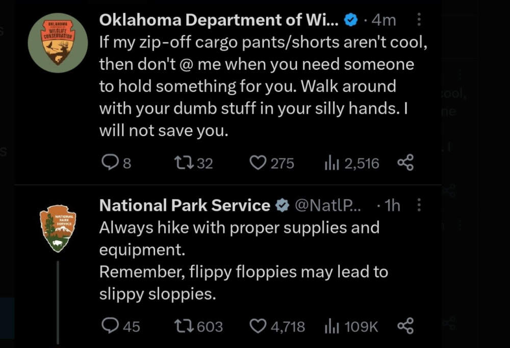 Tweets from the accounts of the Oklahoma Department of Wildlife Conservation and the National Park Service.