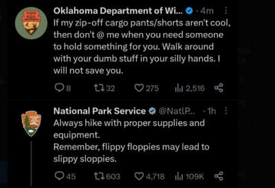 Tweets from the accounts of the Oklahoma Department of Wildlife Conservation and the National Park Service.