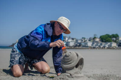 Retired art teacher Gary White creates sand sculptures on Nahant Beach. (Sharon Brody/WBUR)
