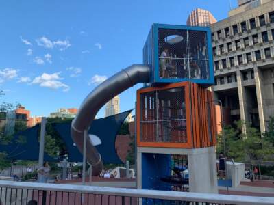 The so-called Cop Slide, at the City Hall Plaza playground, on a Tuesday evening in late August, 2023. (Courtesy Miles Howard)