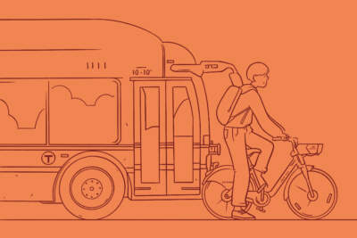 An illustration of a person riding a bicycle from a Boston bike-sharing program next to a T train. (Midoriko Grace Abe for WBUR)