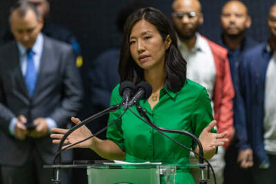 Boston Mayor Michelle Wu during a recent press conference in Roxbury. (Jesse Costa/WBUR)