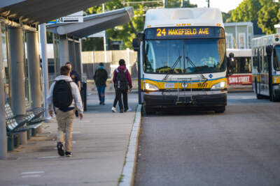 A bus bound for Wakefield at the MBTA Ashmont Station in Boston. (Jesse Costa/WBUR)