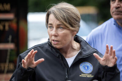 Governor Maura Healey talks with reporters in Leominster, after flooding in the city. (Robin Lubbock/WBUR)