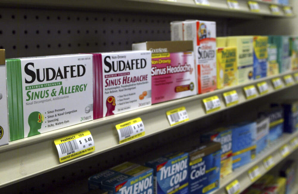 Sudafed and other common nasal decongestants containing pseudoephedrine are on display behind the counter at Hospital Discount Pharmacy in Edmond, Okla., Jan. 11, 2005. On Tuesday, Sept. 12, 2023 advisers to the Food and Drug Administration said that a different ingredient, phenylephrine, is ineffective at relieving nasal congestion. Drugmakers reformulated their products with phenylephrine after a 2006 law required pseudoephedrine-containing medications be sold from the behind pharmacy counter. (AP)