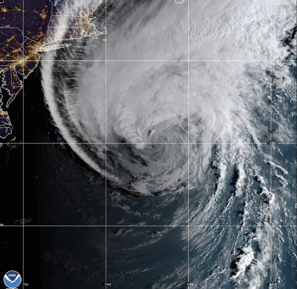 This satellite image provided Friday morning by the National Oceanic and Atmospheric Administration shows Hurricane Lee in the Atlantic Ocean. (NOAA via AP)