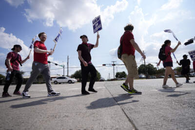 UAW union members picket on the street in front of a Stellantis distribution center. (Tony Gutierrez/AP)