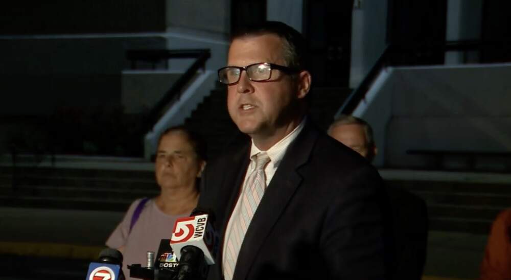 Brockton Mayor Robert Sullivan during a press briefing about the schools deficit Thursday night (Screengrab from WCVB Boston)