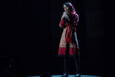 Afghan rapper and activist Sonita Alizadeh performs. (Bryan R. Smith/AFP via Getty Images)