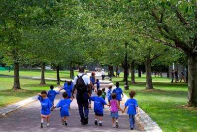 A daycare class walking in a public park in Boston Common. (Photo by: Jeffrey Greenberg/Universal Images Group via Getty Images)