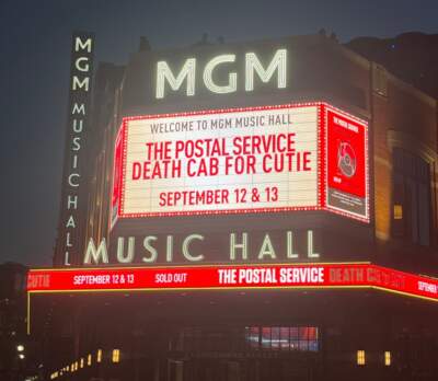 The marque for the Death Cab for Cutie and Postal Service show at the MGM Music Hall at Fenway, September 12, 2023. (Courtesy Sara Schreur)