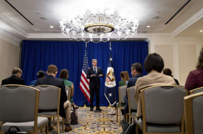 Secretary of State Antony Blinken speaks in New York Monday, Sept. 18, 2023, at a news conference as he announces that five Americans who had been jailed for years in Iran have been freed. (Craig Ruttle/AP)
