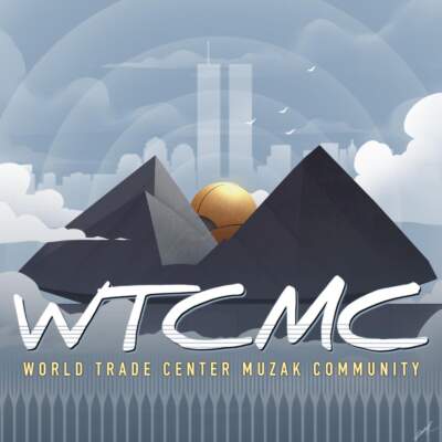 Logo for the World Trade Center Muzak Community. The foreground depicts sculptures that were in the plaza of the Twin Towers and  Credit: W4SP