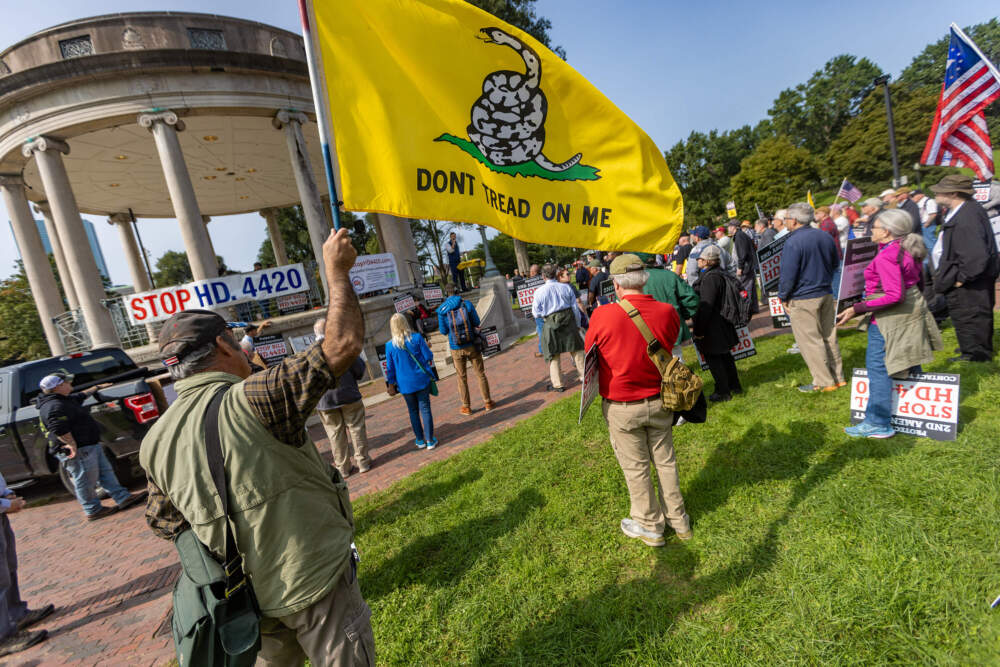 Mark Shean of Plymouth waves a “Don’t Tread on Me” flag during the Gun Owners Action League rally at the Parkman Bandstand in the Boston Common in opposition to HD 4420 bill making its way through the Massachusetts Legislature. (Jesse Costa/WBUR)