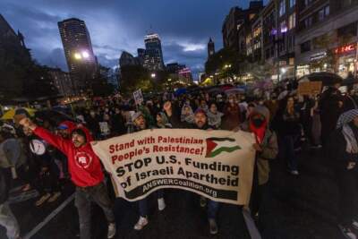 Protesters rally in Copley Square in Boston in support of Palestinians on Monday, Oct. 16. (Jesse Costa/WBUR)