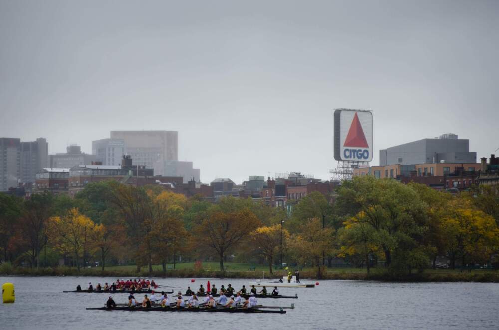 Boats gather by the starting line at the Head of the Charles. (Elizabeth Gillis/WBUR)