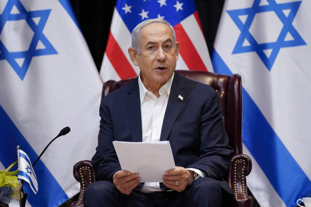 Israeli Prime Minister Benjamin Netanyahu speaks as he and President Joe Biden participate in an expanded bilateral meeting with Israeli and U.S. government officials in Tel Aviv. (Evan Vucci/AP)