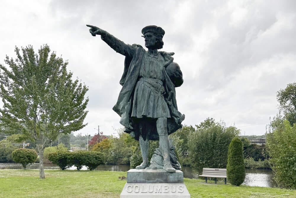 A statue of Christopher Columbus stands in a park Tuesday, Sept. 26, 2023, in Johnston, R.I. Three years after the statue was removed from a square in Providence, R.I., following protests sparked by the murder of George Floyd by police, the statue has re-emerged, this time in the park, in Johnston. (Johnston Mayor Joseph Polisena, Jr. via AP)