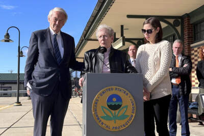 Sen. Edward Markey, left, stands in support of Anne Anderson, whose son died of leukemia in 1981 and was exposed to water contaminated with the chemical trichloroethylene, or TCE. The two spoke Monday, Oct. 23, 2023, in Woburn, Mass., during an EPA press conference announcing its proposal to ban the chemical. (Michael Casey/AP)