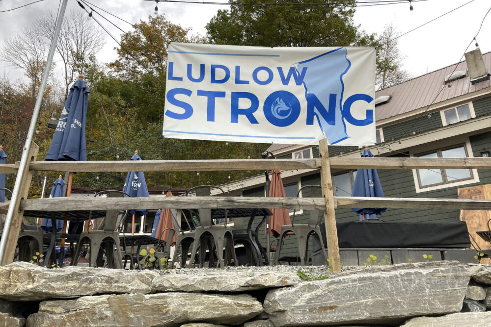 A &quot;Ludlow Strong&quot; sign hangs outside a restaurant, in Ludlow, Vt. (Lisa Rathke/AP)