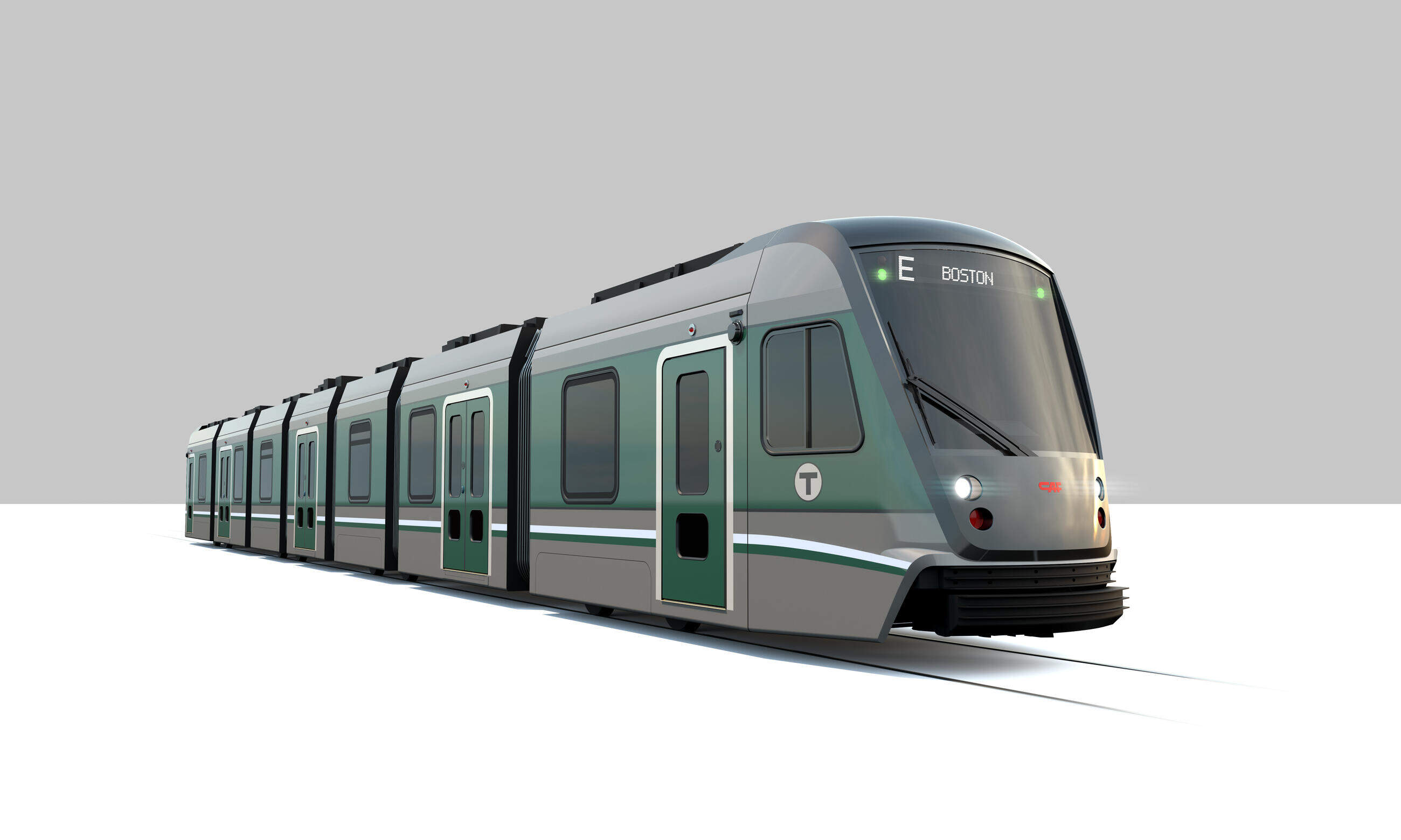 The winning design for the MBTA's future Green Line &quot;supercars,&quot; featuring a green and dark gray paint scheme along the body of the vehicle, green doors, and a white and turquoise green lower running stripe. (MBTA)