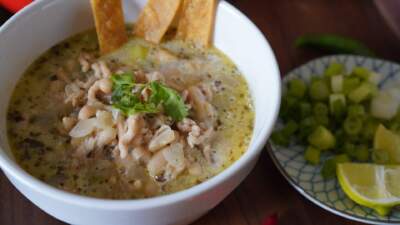Chicken and white bean chili with tortilla strips. (Kathy Gunst/Here & Now)