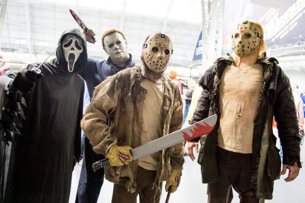 A Horror cosplayer group consisting of Scream, Michael Myers from Halloween and two Jason Voorhees Friday 13th cosplayers seen in character during London Film and Comic Con 2019 at Olympia London on July 27, 2019 in London, England. (Photo by Ollie Millington/Getty Images)