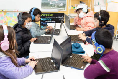 Students Josephine Chan, Sahir S., Arohi Brahmachari, Iris Wang, Arjan Tyagi, and Anay Sharma work on a classroom exercise using Khanmigo, an AI-powered guide developed by Khan Academy, during a math and sciences class at Khan Lab School on Friday, March 31, 2023, in Palo Alto, Calif. 

(Photo by Constanza Hevia H. for The Washington Post via Getty Images)