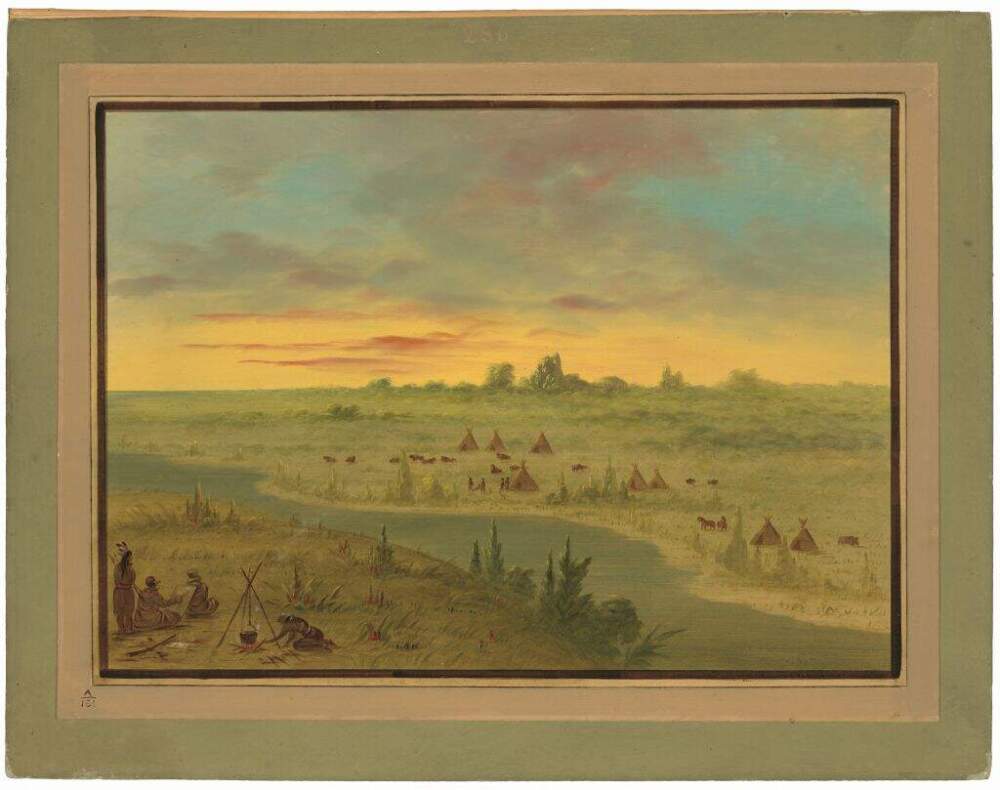Encampment of Pawnee Indians at Sunset, 1861/1869. on the Platte River. 1833. Artist George Catlin. (Photo by Heritage Art/Heritage Images via Getty Images)