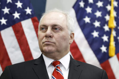 U.S. House Majority Leader Rep. Steve Scalise (R-LA) listens during a press conference following a House Republican Conference meeting at the U.S. Capitol Building on July 18, 2023 in Washington, DC. (Anna Moneymaker/Getty Images)
