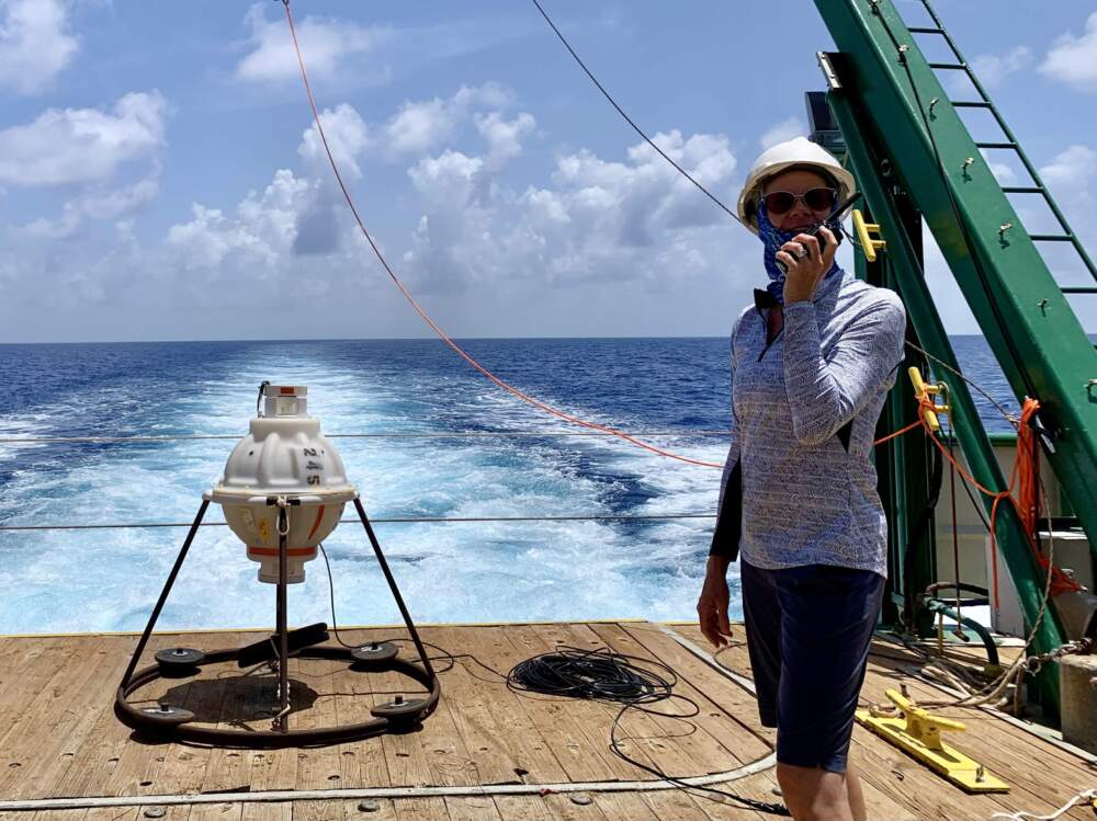 Lisa Beal, professor of Ocean Sciences at the University of Miami’s Rosenstiel School, coordinates with the bridge officer by radio to deploy instrumentation that will monitor the Gulf Stream through the Florida Straits. Photo by: ©Paloma Cartwright