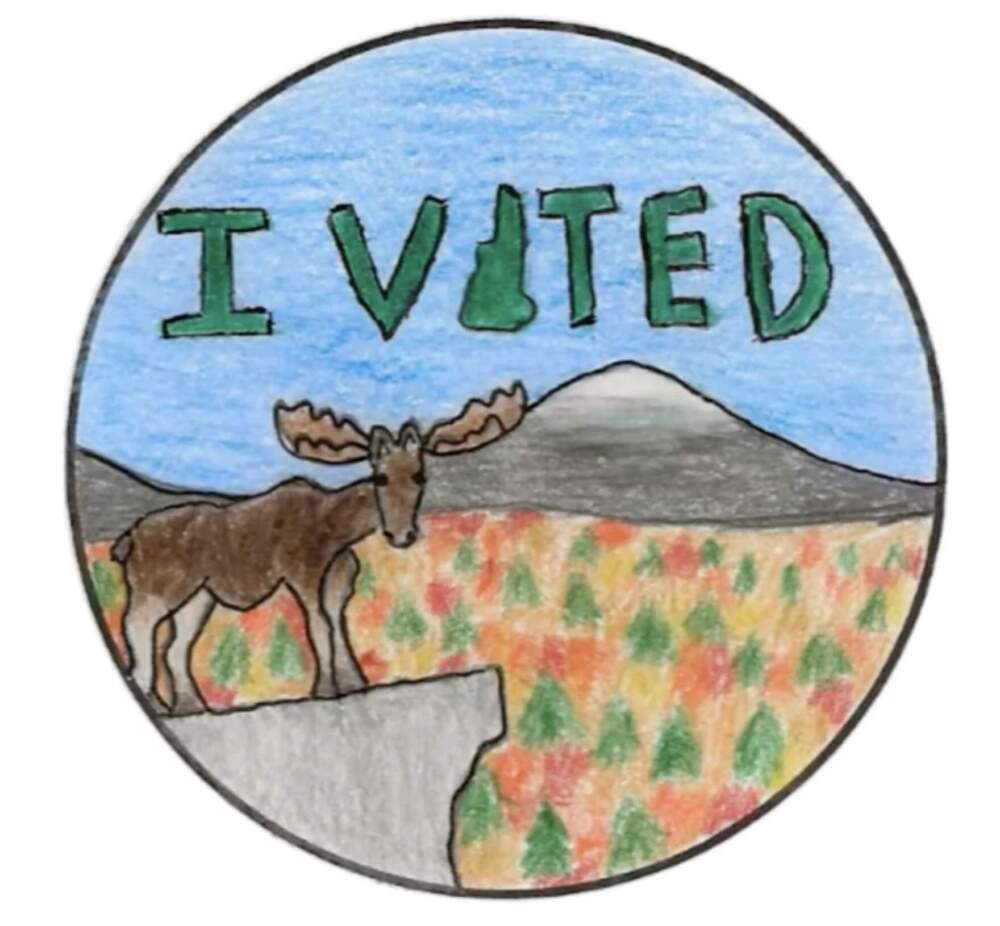 Rilynn Bolen's winning entry shows a moose standing on a ledge in front of an autumnal vista of Mount Washington, with “I Voted” written across a blue sky. Two other designs were also chosen. (Courtesy of New Hampshire Secretary of State via NHPR)