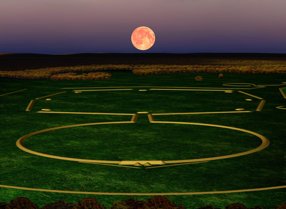 The moonrise over the Hopewell Ceremonial Earthworks. (Courtesy of University of Cincinnati Center for the Electronic Reconstruction of Historical and Archaeological Sites)