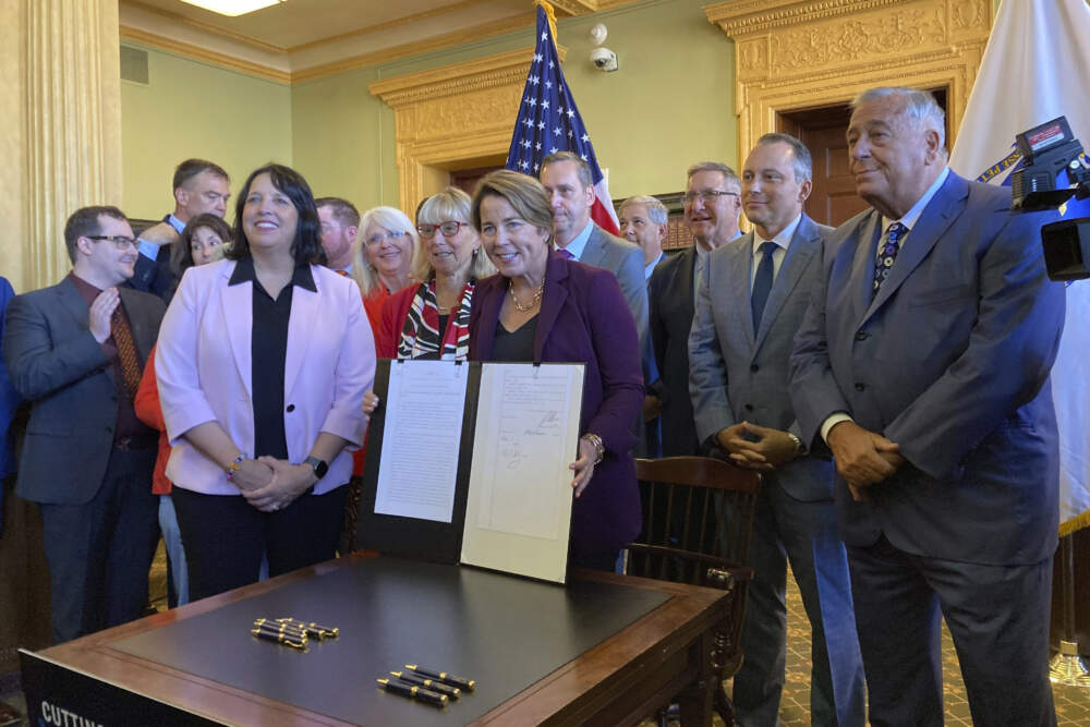 Massachusetts Gov. Maura Healey signed a tax relief package Wednesday, Oct. 4, 2023, at the Massachusetts State House in Boston. (Steve LeBlanc/AP)