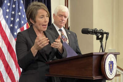 Gov. Maura Healey announced on Oct. 16 that that the state's emergency family shelter system will reach capacity by the end of the month. (Steve LeBlanc/AP)