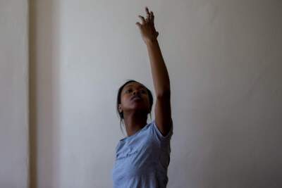 Ellice Patterson dances at her studio in Brookline in 2019. (Jesse Costa/WBUR)