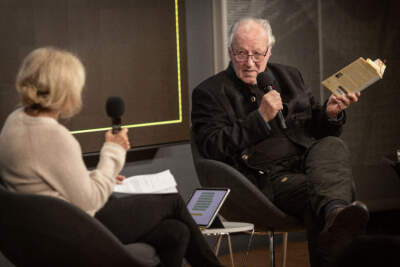 Filmmaker and author Werner Herzog talks with Robin Young at WBUR's CitySpace. (Robin Lubbock/WBUR)