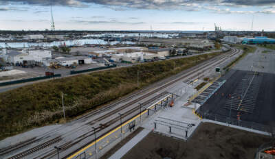 An aerial view of the construction area for the South Coast Rail line in New Bedford. (Robin Lubbock/WBUR)