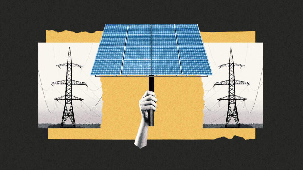 An illustration of a hand of justice upholding solar panels between utility poles.