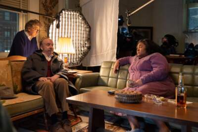 From left: Director Alexander Payne, Paul Giamatti and Da’Vine Joy Randolph on the set of &quot;The Holdovers.&quot; (Courtesy Seacia Pavao/Focus Features)