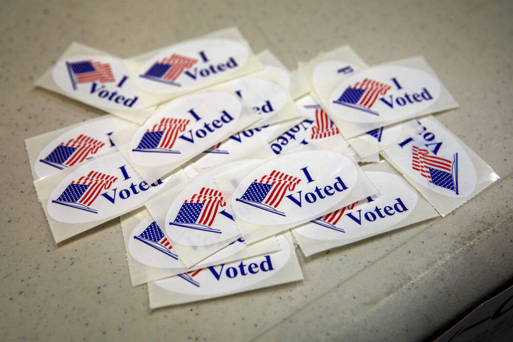 &quot;I Voted&quot; stickers await voters on Nov. 7, 2023. (Robin Lubbock/WBUR)