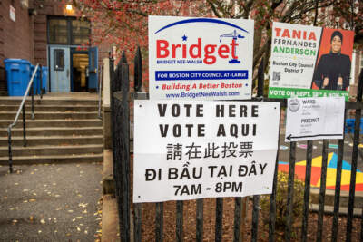 Election posters and a &quot;vote here&quot; sign outside the John Winthrop Elementary School in Dorchester. (Robin Lubbock/WBUR)